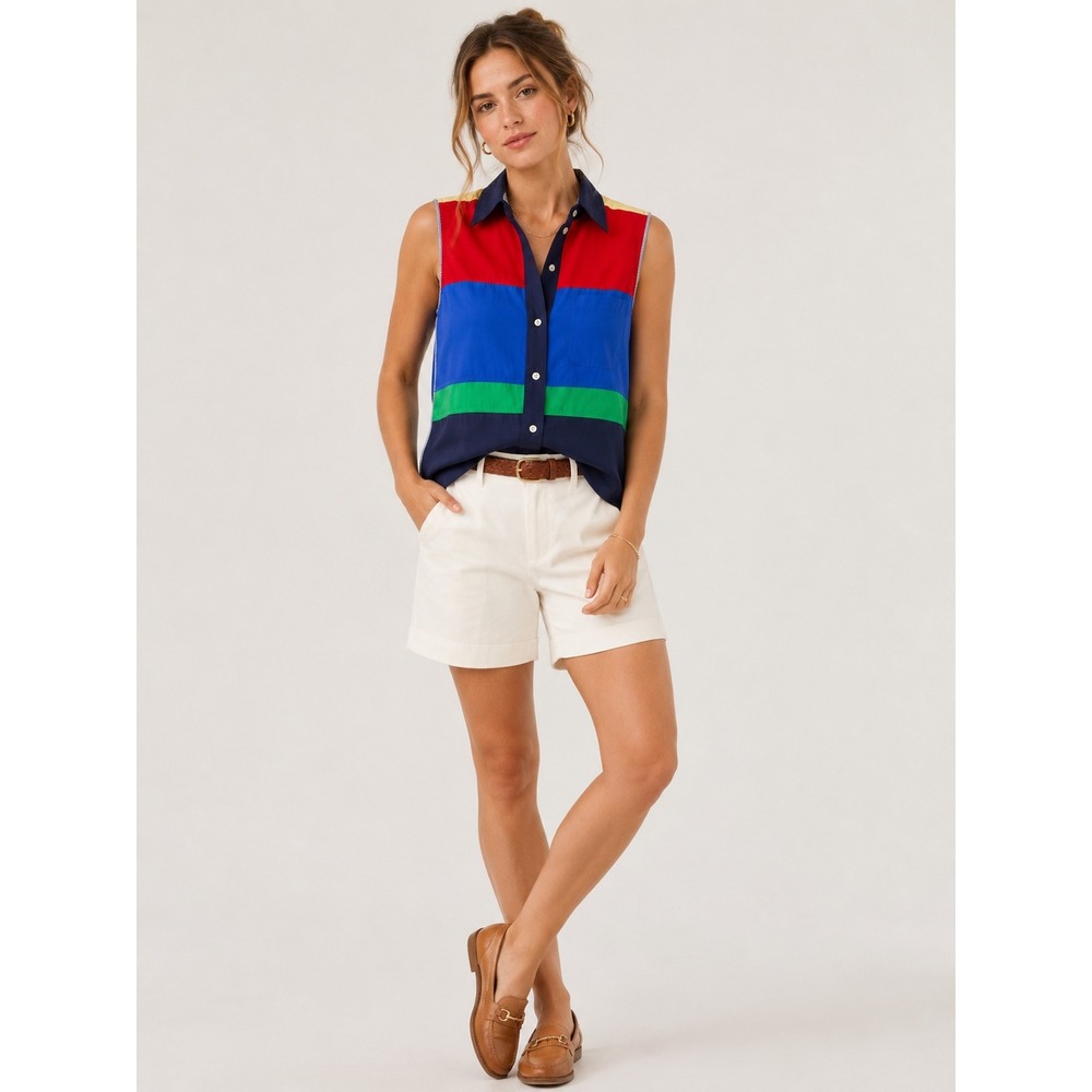 Jones New York Women Sleeveless Colorblock Top 4 Preppy Nautical Cotton Shirt